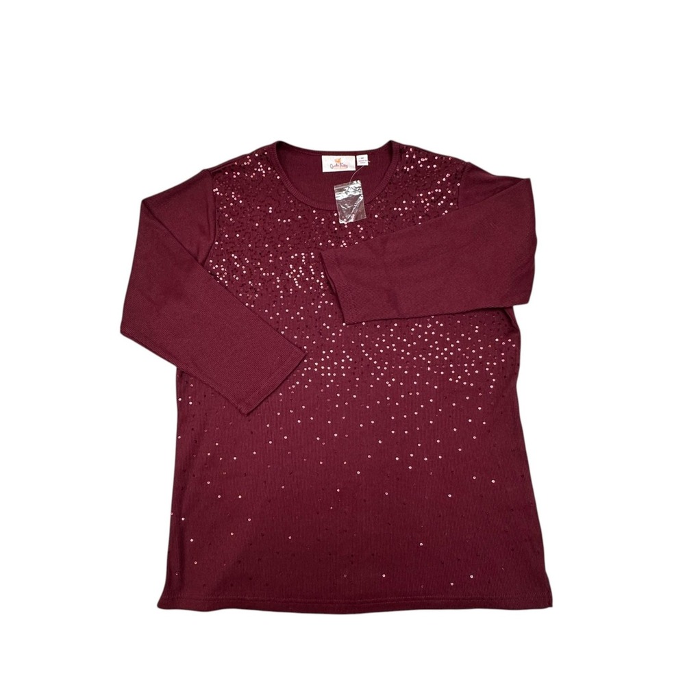 Quacker Factory Shirt Womens Medium Red Sequin 3/4 Sleeve Crew Neck T Shirt Top